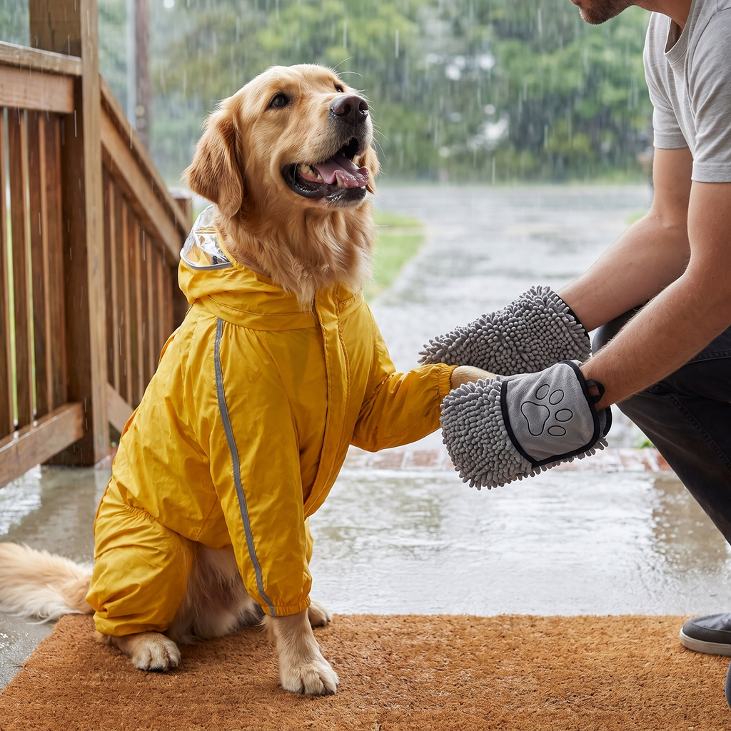 Drying a Golden Retriever's paw with the paw towel on a rainy porch