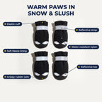 Boot features: elastic cuff, fleece lining, reflective strap, grippy rubber sole