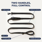 Leash features: traffic handle, reflective stitching, D-ring, padded top handle, 6 ft x 1 in