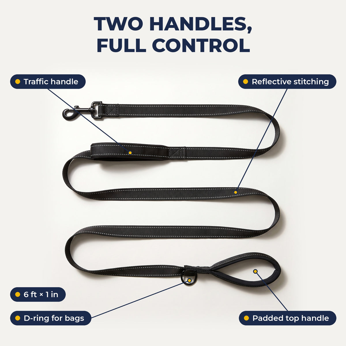 Leash features: traffic handle, reflective stitching, D-ring, padded top handle, 6 ft x 1 in