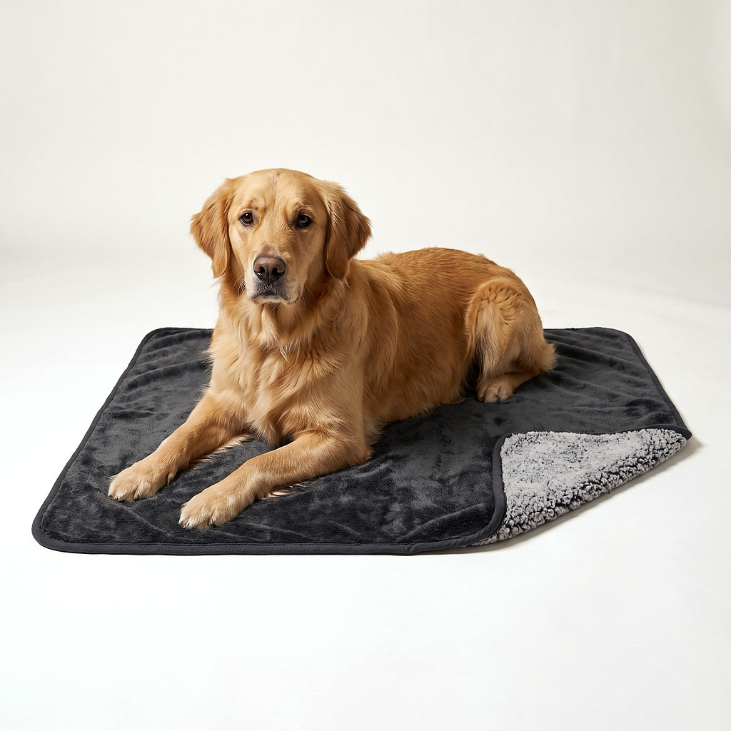 Golden Retriever relaxing on the grey blanket