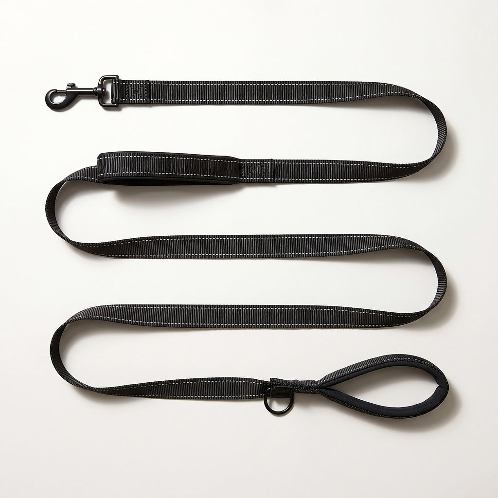Black 6 ft double-handle leash laid out full length