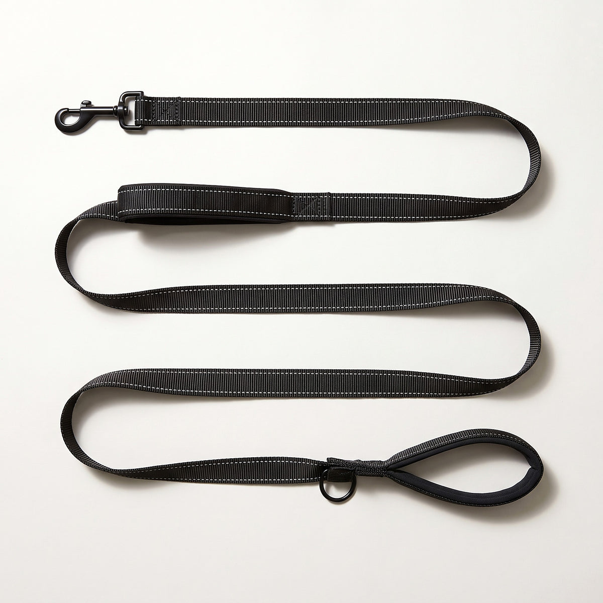 Black 6 ft double-handle leash laid out full length