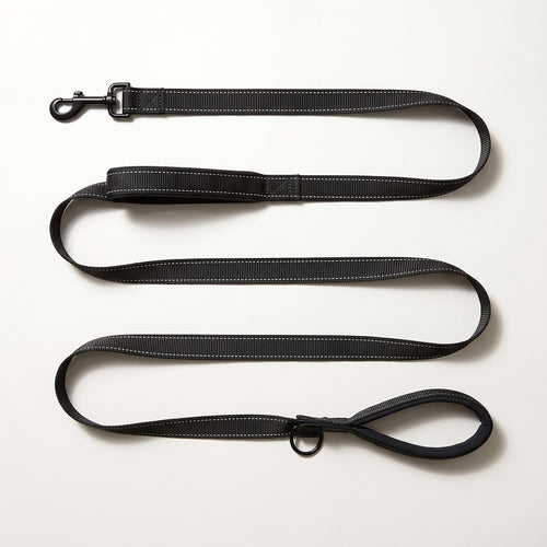Black 6 ft double-handle leash laid out full length