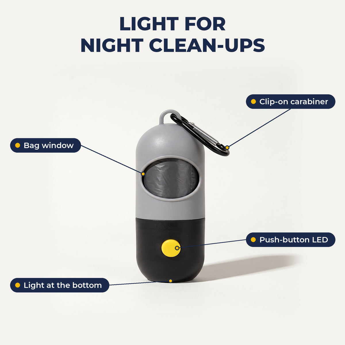 Holder features: carabiner, bag window, push-button LED