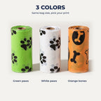 Three prints: green paws, white paws and orange bones
