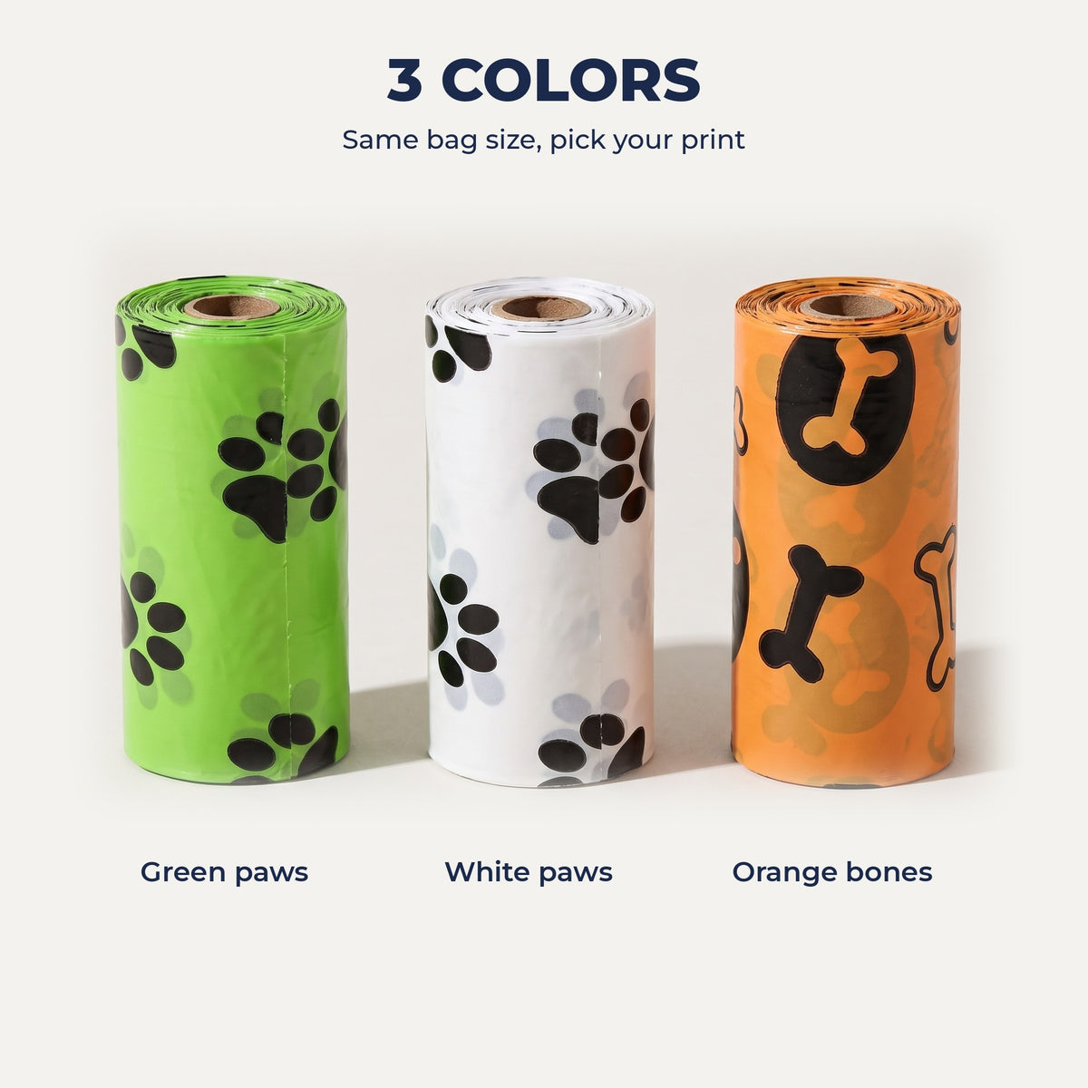 Three prints: green paws, white paws and orange bones