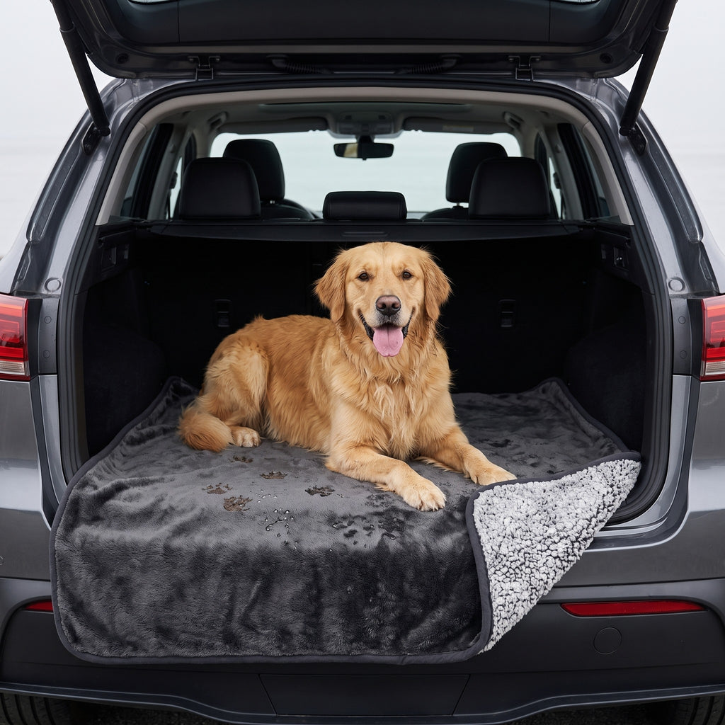 Golden Retriever lying on the blanket in an SUV trunk