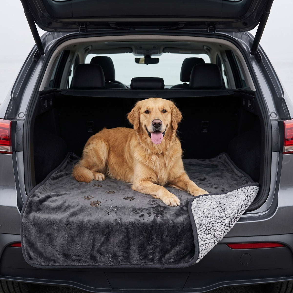 Golden Retriever lying on the blanket in an SUV trunk