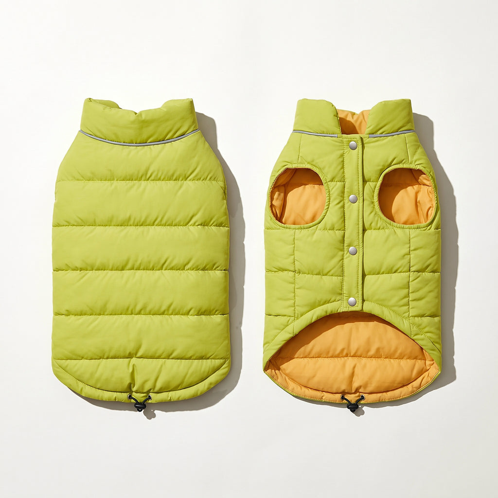 Green winter jacket laid flat