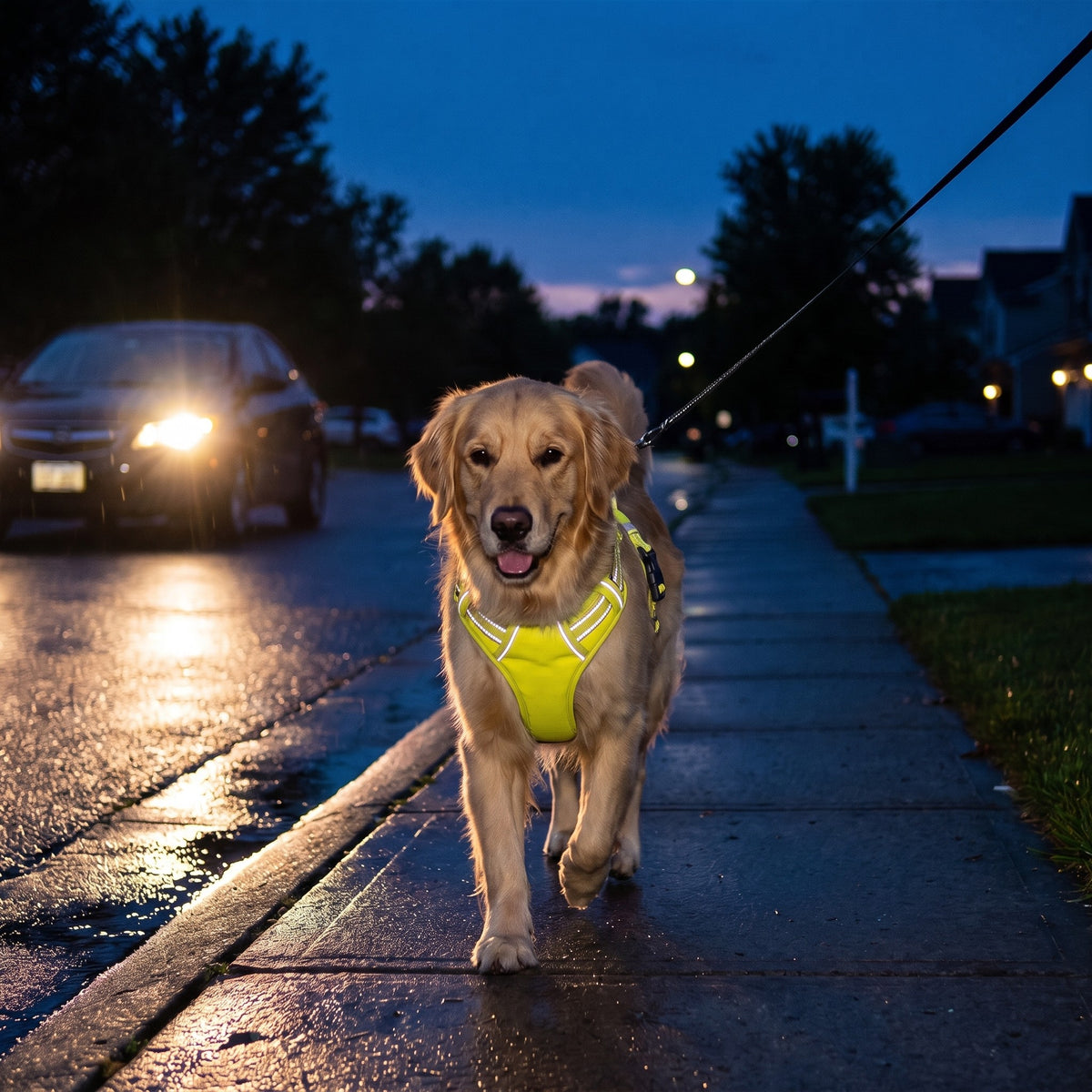 Hi-vis harness reflective stripes glowing at night