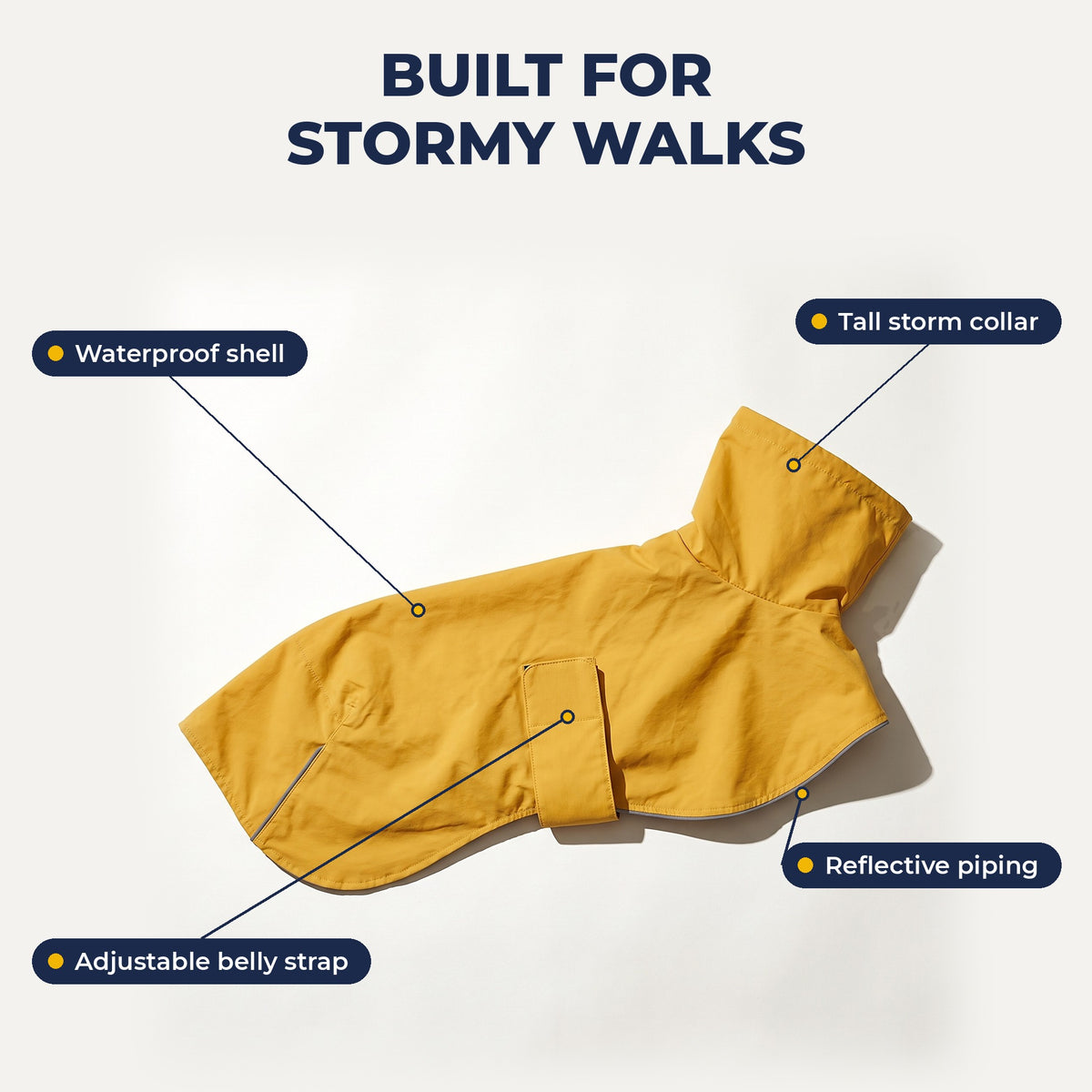 Jacket features: tall storm collar, waterproof shell, reflective piping, belly strap