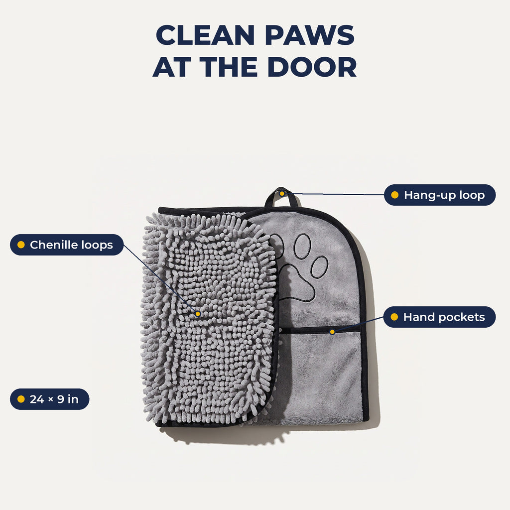 Paw towel features infographic, 24 x 9 inches