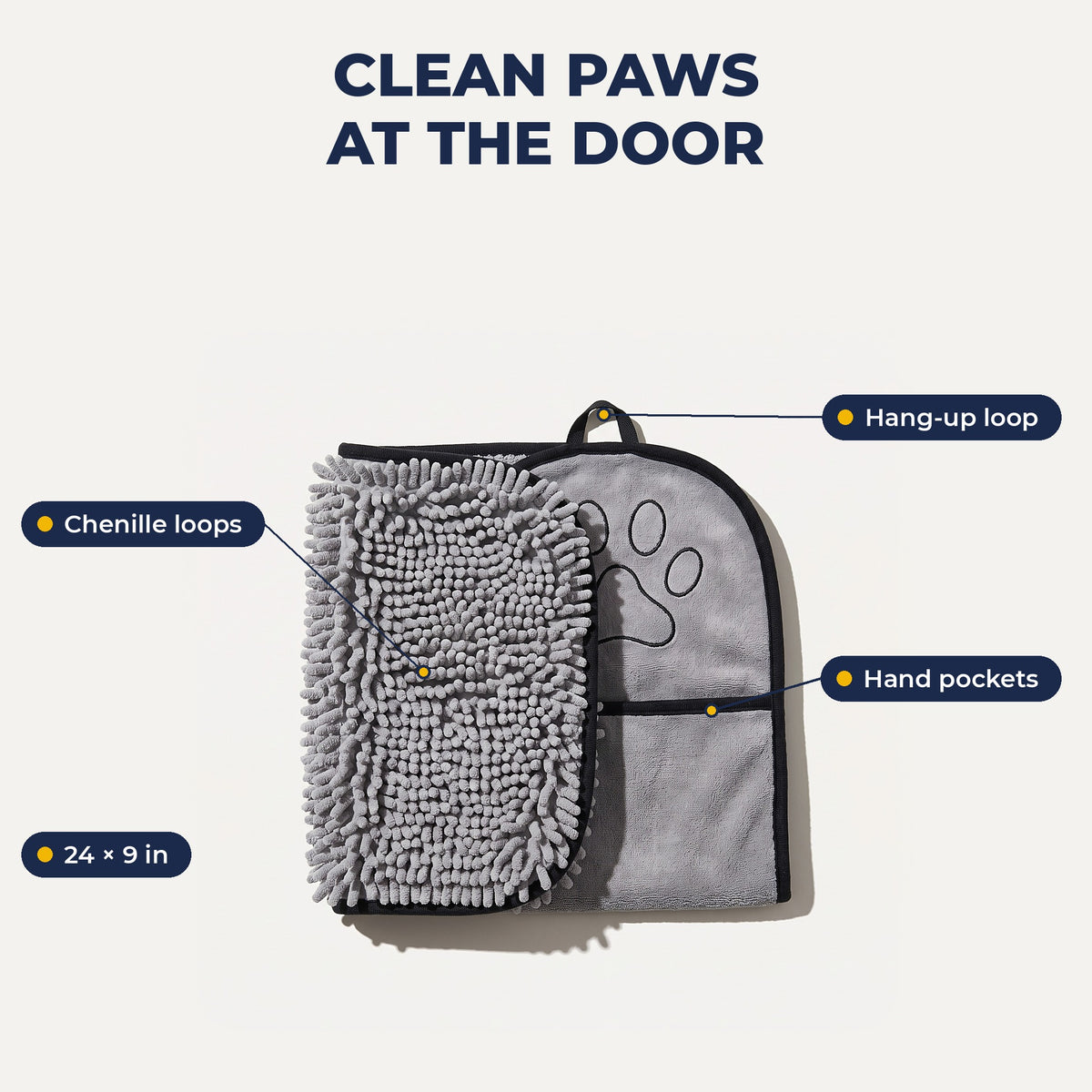 Paw towel features infographic, 24 x 9 inches