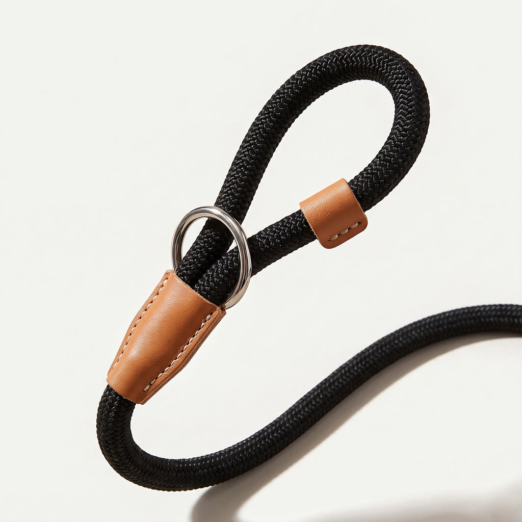 Leather stopper and metal ring close-up