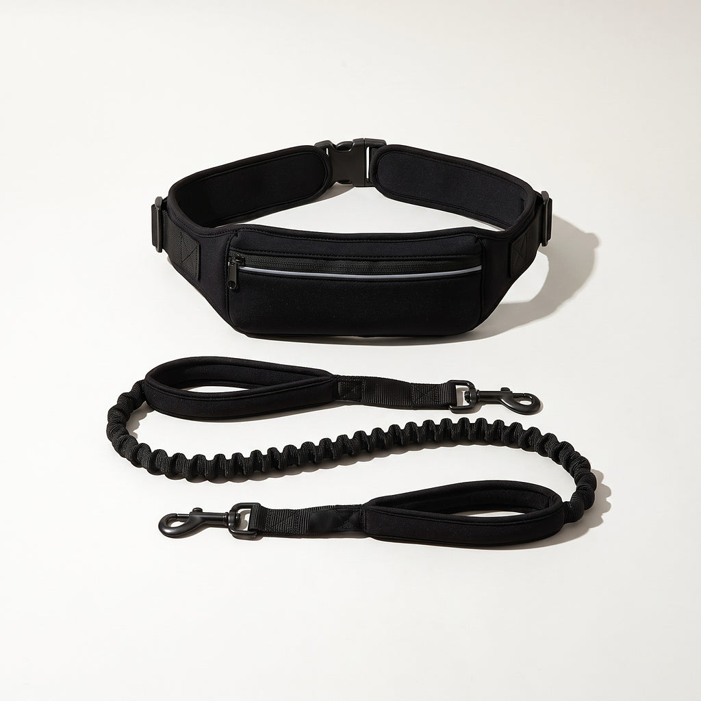 Black hands-free waist belt with zip pocket and bungee leash