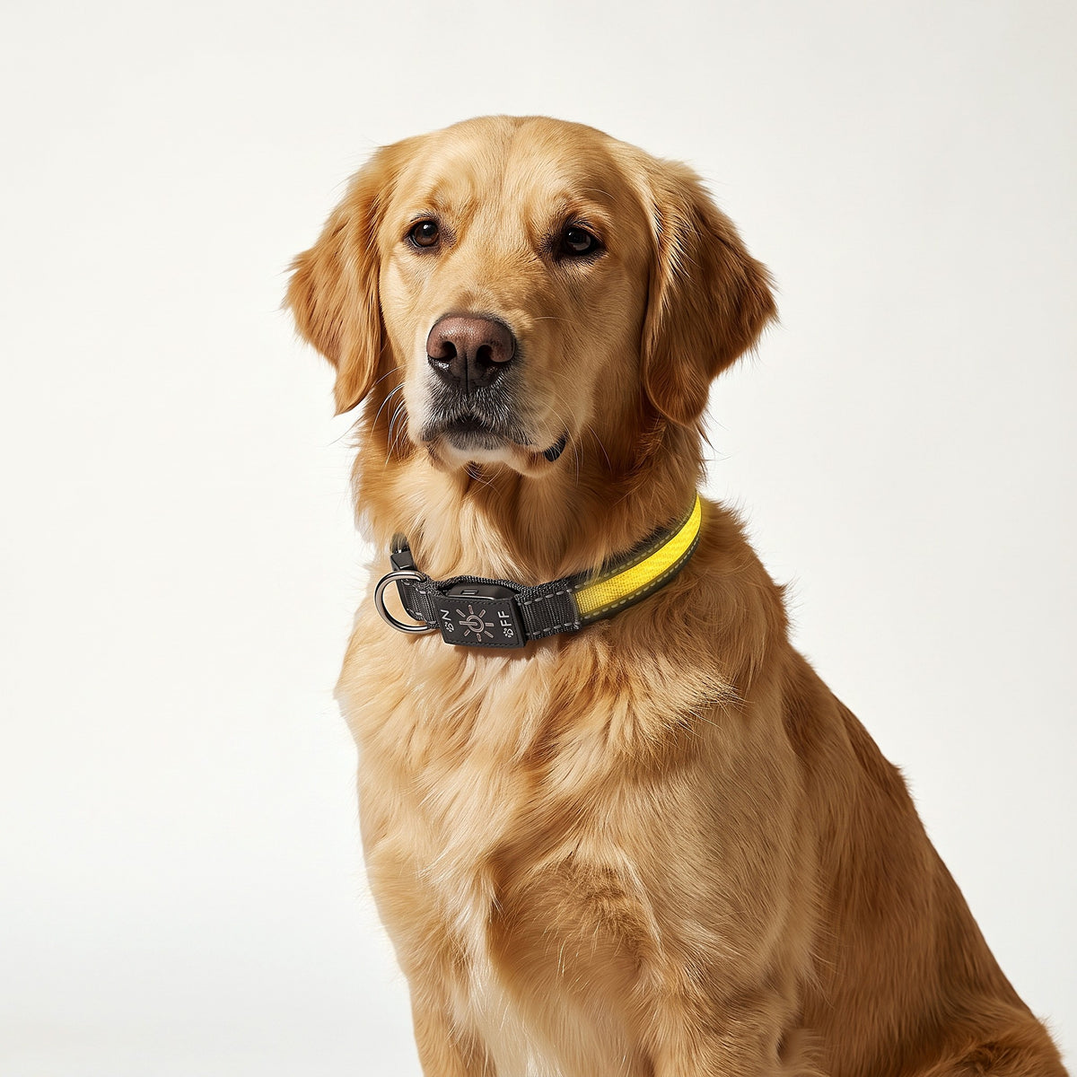 Golden Retriever wearing the yellow LED collar