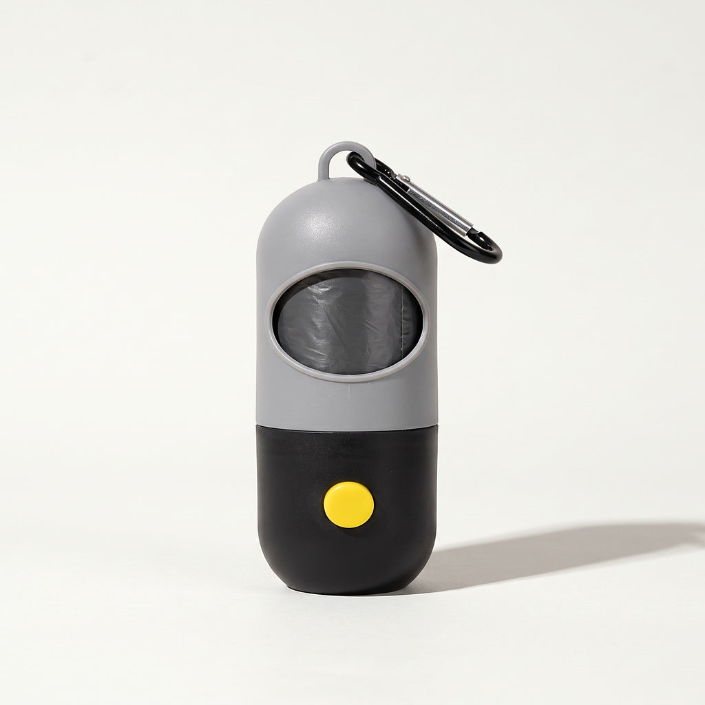 Gray and black LED poop bag holder with carabiner