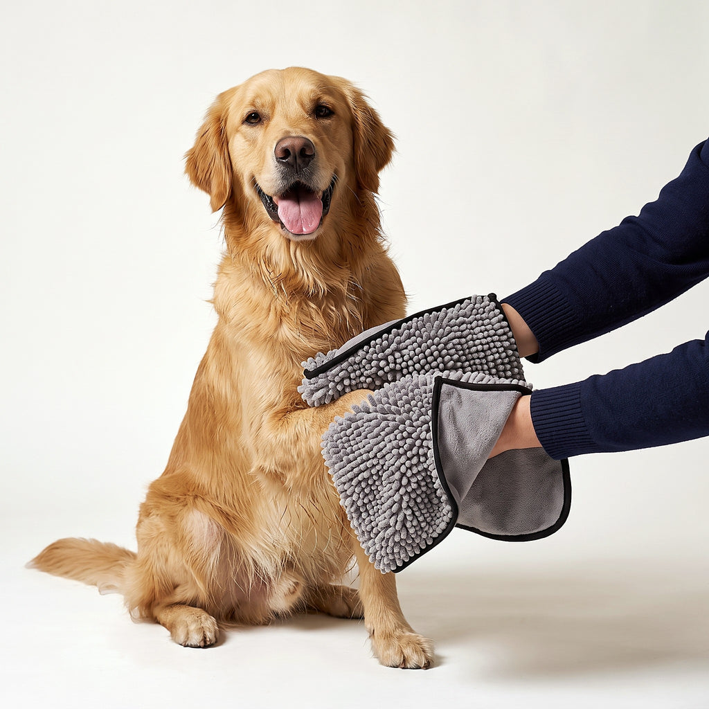 Hands in the towel pockets drying a Golden Retriever's paw