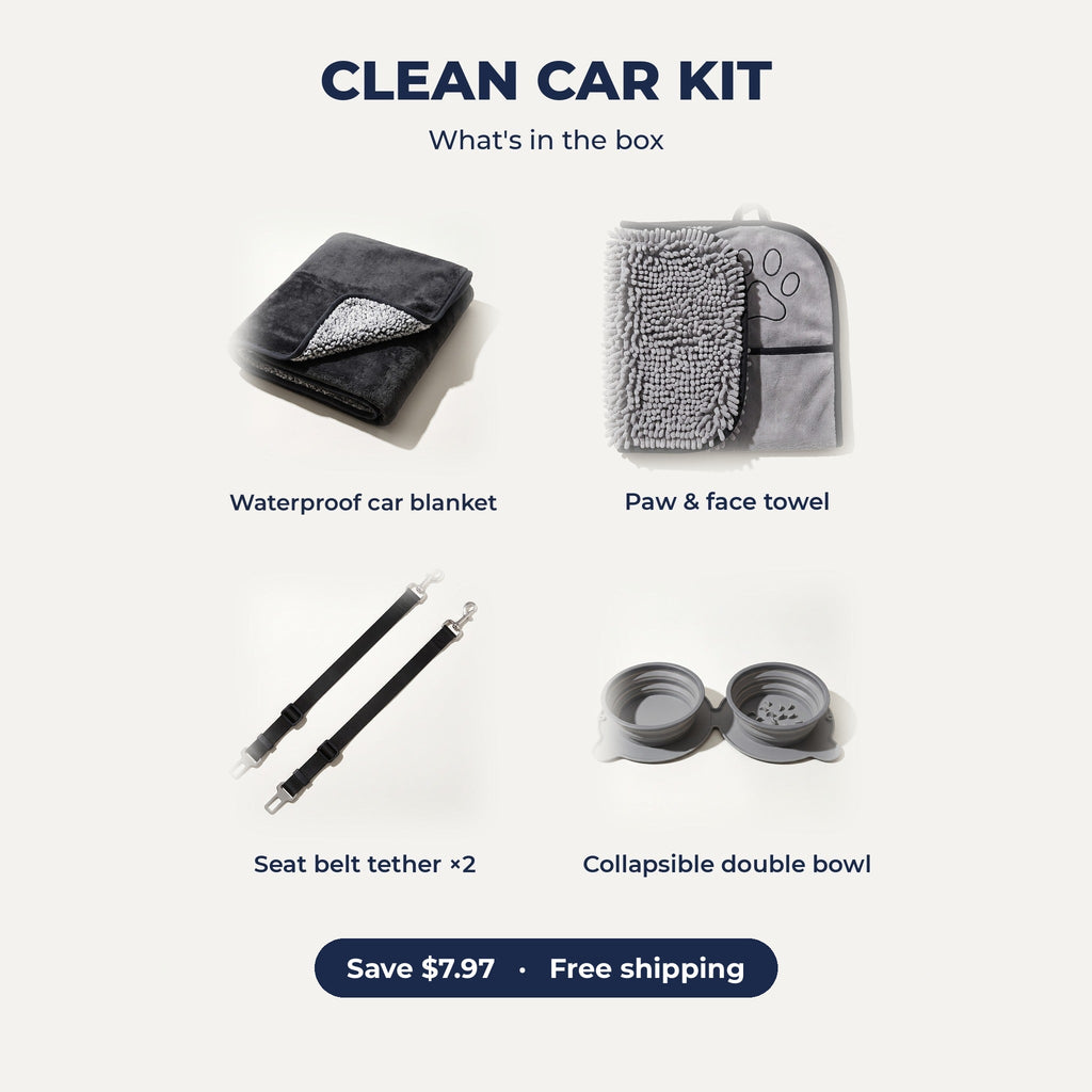 Clean Car Kit: waterproof car blanket, paw towel, seat belt tethers, collapsible double bowl