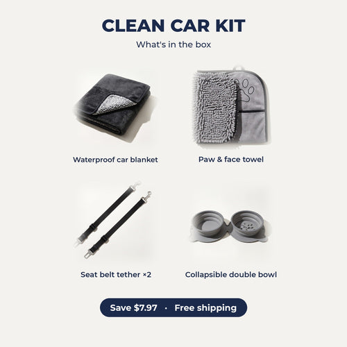 Clean Car Kit: waterproof car blanket, paw towel, seat belt tethers, collapsible double bowl