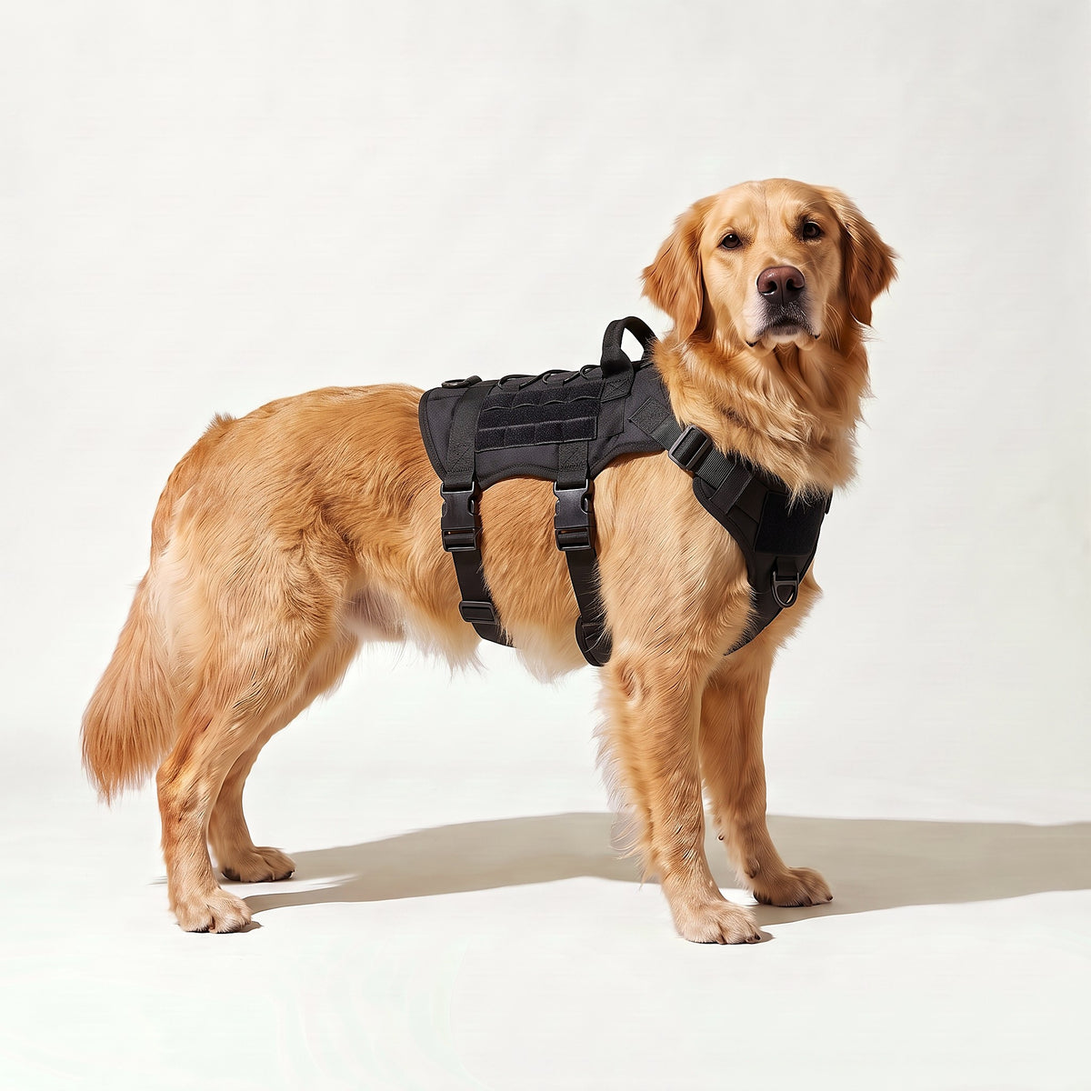 Golden Retriever wearing the black harness with handle
