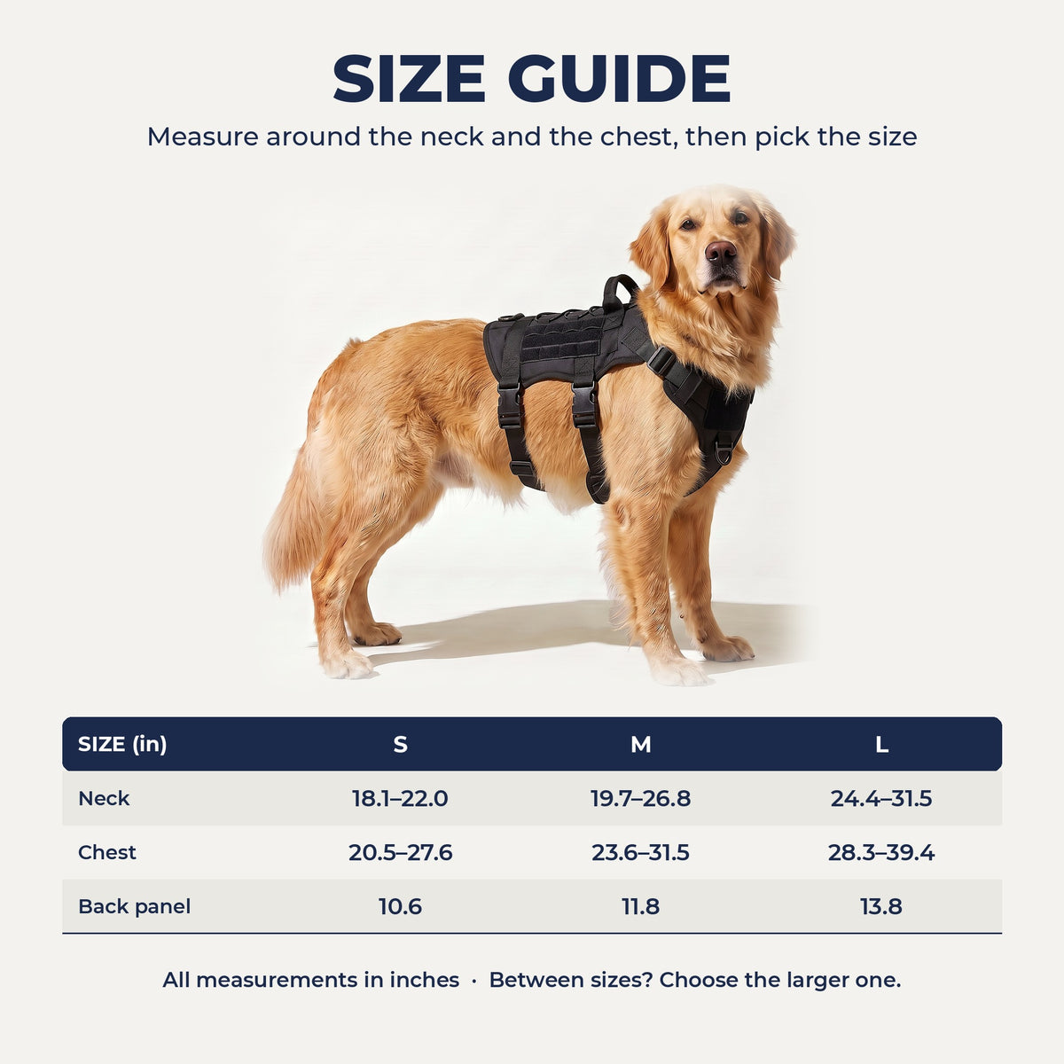 Harness size guide S to L with neck and chest measurements in inches