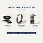 Night Walk Starter: hands-free leash, rechargeable LED collar, LED poop bag holder
