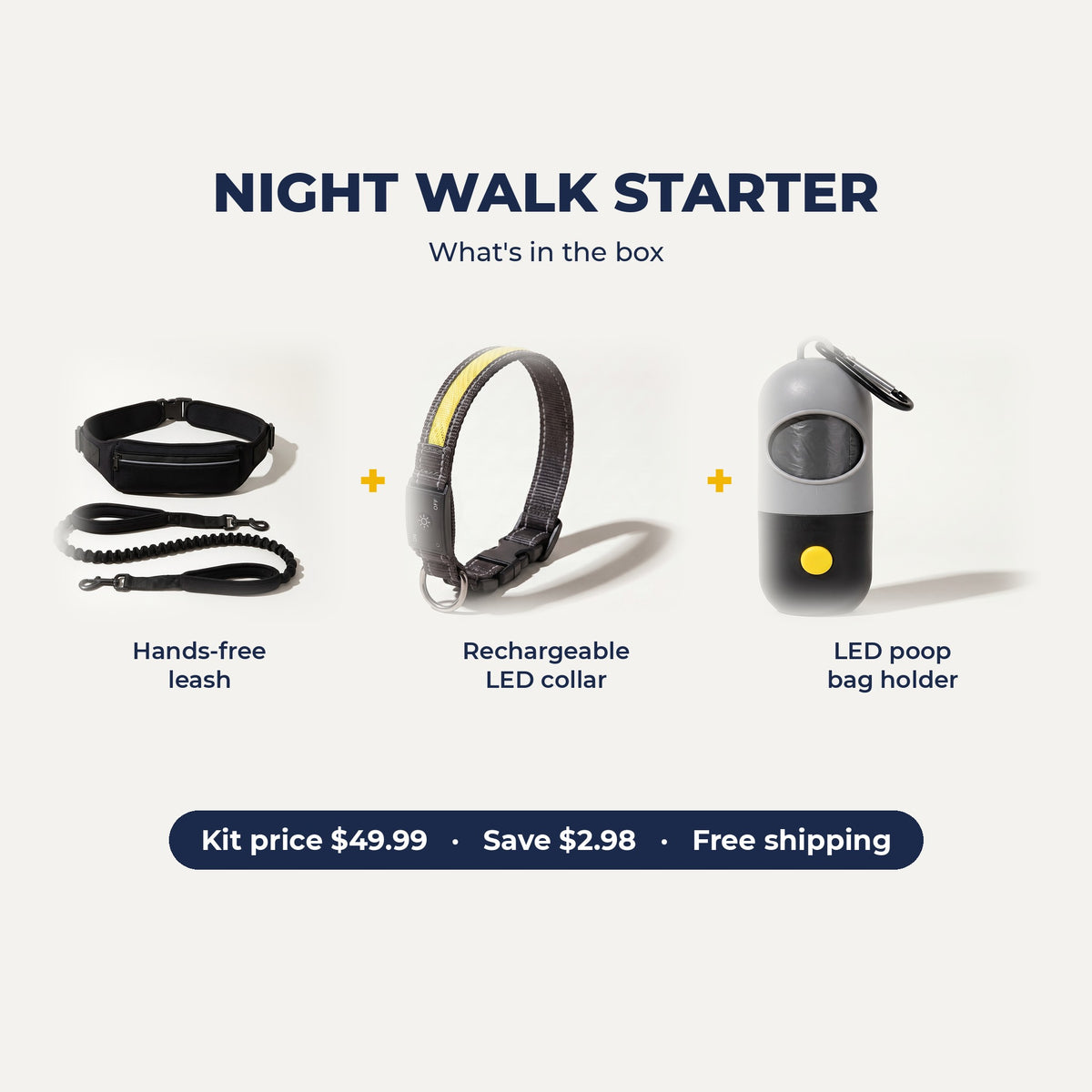 Night Walk Starter: hands-free leash, rechargeable LED collar, LED poop bag holder