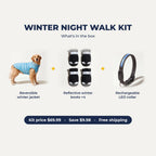 Winter Night Walk Kit: reversible winter jacket, reflective winter boots, rechargeable LED collar