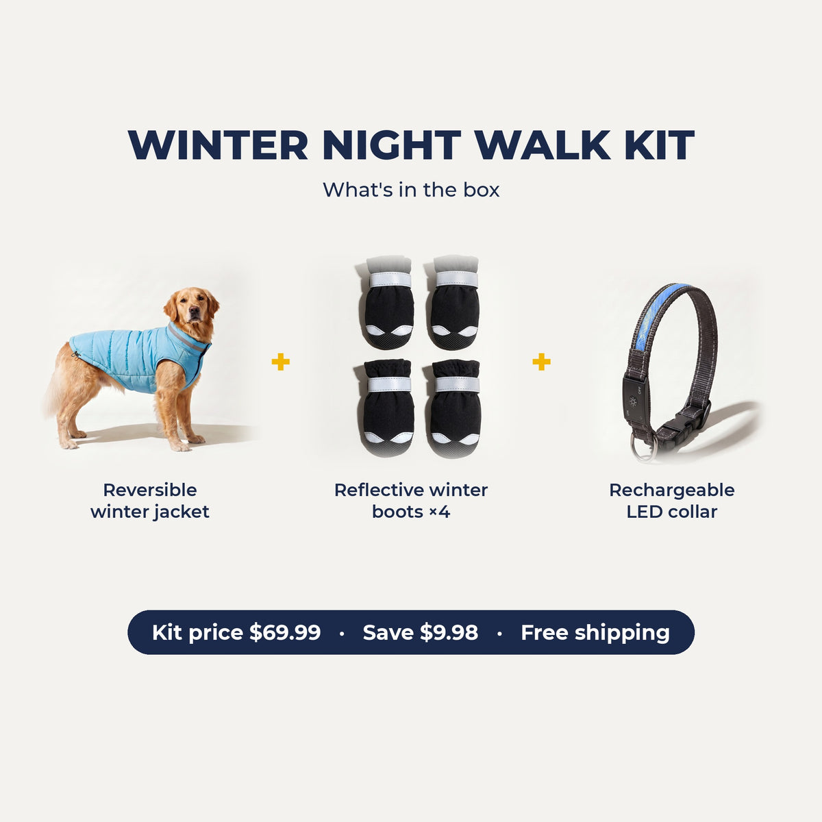 Winter Night Walk Kit: reversible winter jacket, reflective winter boots, rechargeable LED collar