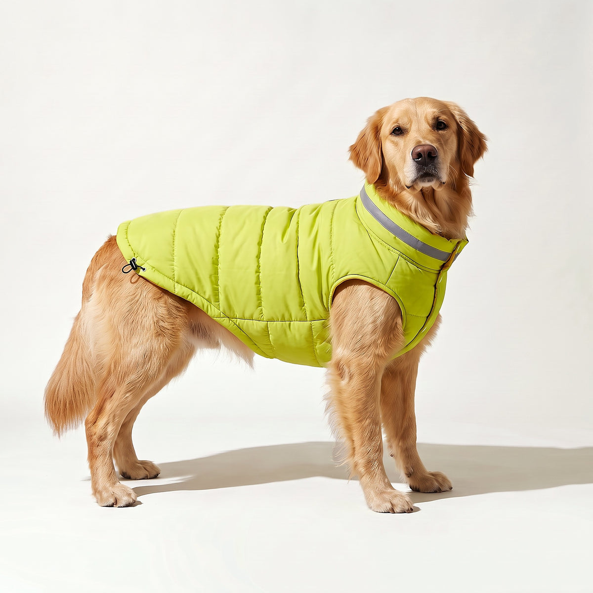 Golden Retriever in the green reversible insulated winter jacket
