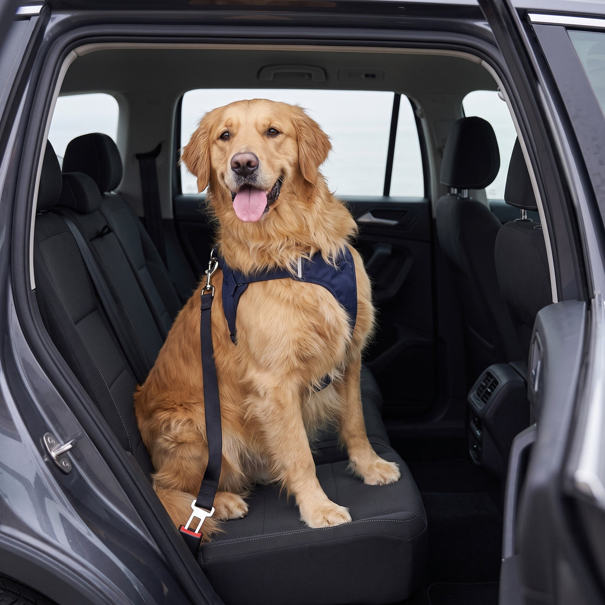Golden Retriever on the back seat, tether clipped to its harness