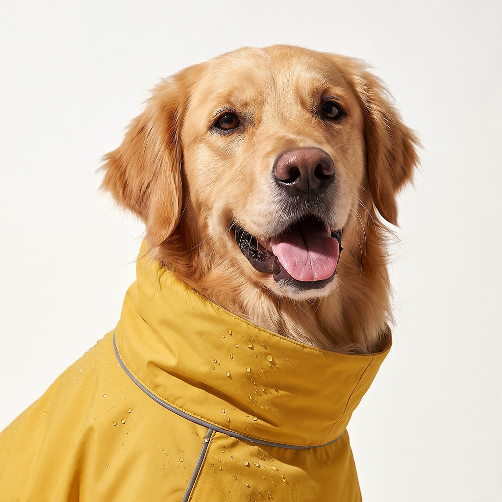 Rain beading on the tall storm collar