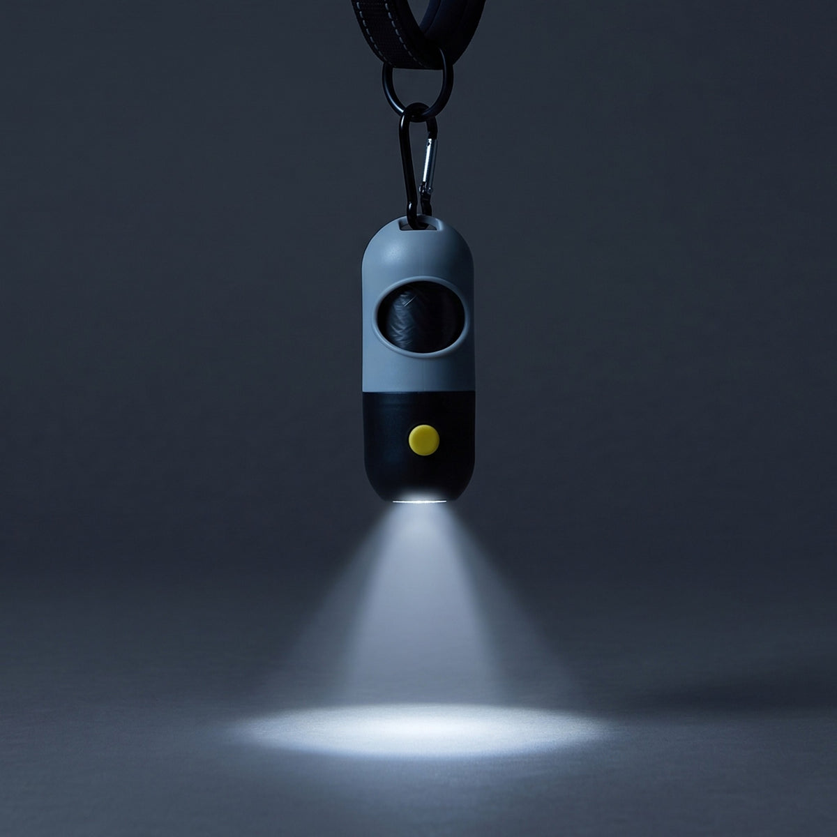 LED bag holder clipped to a leash, flashlight shining at night