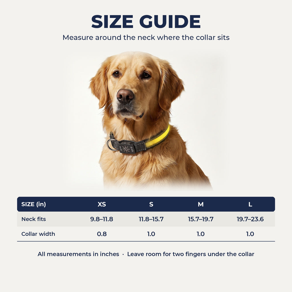 LED collar size guide XS to L, neck size in inches