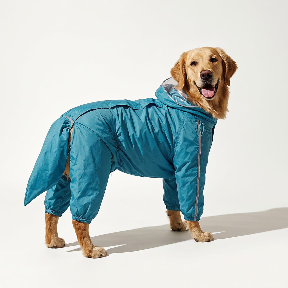 Rear view of the blue rain suit